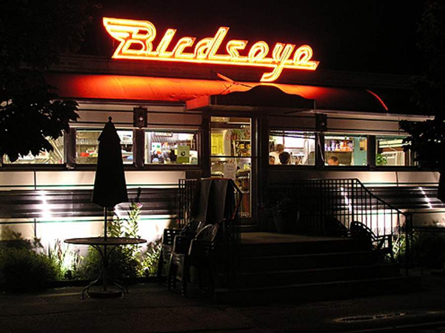 Birdseye Diner exterior at night